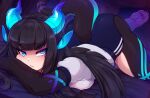  1girl animal_ears ass bangs black_hair black_skin blue_eyes blunt_bangs body_markings breasts closed_mouth colored_skin crossed_arms foot_up glowing_ears glowing_horns green_eyes green_horns horns large_breasts long_hair merunyaa monster_girl multicolored_skin original pointy_ears purple_shorts shiny shiny_hair shiny_skin shirt shorts solo sports_bra tail top-down_bottom-up white_shirt 