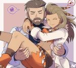  1boy 1girl arm_around_neck beard blush border brown_hair carrying closed_eyes coat commentary_request earrings facial_hair facing_viewer hair_ornament husband_and_wife jewelry long_hair musical_note nail_polish necklace open_clothes open_coat open_mouth orange_nails orange_shirt orange_shorts outside_border pokemon pokemon_(game) pokemon_sv rem_sora410 sada_(pokemon) shirt short_hair shorts spoken_musical_note spoken_squiggle squiggle sweatdrop turo_(pokemon) undercut white_border 