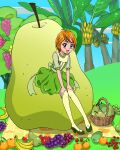  1girl banana banana_tree bangs basket brown_eyes dress food fruit futari_wa_precure grapes green_dress green_footwear hands_on_own_knees highres misumi_nagisa official_art open_mouth orange_(fruit) orange_hair oversized_food pantyhose pear precure precure_connection_puzzlun see-through see-through_sleeves short_hair smile solo strawberry third-party_source tree 