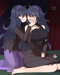  2girls @_@ barefoot barleyshake dark_background ditto dress hairband hex_maniac_(pokemon) highres long_dress messy_hair multiple_girls poke_ball poke_ball_(basic) pokemon pokemon_(game) pokemon_xy pokephilia purple_hairband saliva saliva_trail selfcest smile tongue tongue_out transform_(pokemon) transformed_ditto undressing yuri 