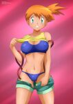  1girl absurdres ass_visible_through_thighs bangs bare_shoulders blush breasts collarbone commentary covered_nipples hand_up highres lifted_by_self looking_at_viewer medium_breasts misty_(pokemon) navel paid_reward_available parted_lips pokemon pokemon_(anime) shiny shiny_hair shiny_skin short_hair shorts simple_background smile stomach suspenders swimsuit swimsuit_under_clothes tank_top teeth thighs unbuttoned zel-sama 