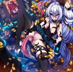  1girl bangs bare_arms bare_shoulders black_nails black_sclera black_shirt black_thighhighs blue_eyes breasts can cleavage collarbone colored_sclera colored_skin controller couch cunnilingus demon_girl extra_eyes gauntlets glowing grey_hair heart highres holding holding_controller horns knee_up long_hair long_tongue meruccubus_(merunyaa) merunyaa monitor monster nail_polish nipples oral original pussy red_skin sharp_teeth shiny shiny_hair shirt single_gauntlet skindentation teeth tentacles thighhighs toeless_legwear tongue tongue_out very_long_hair white_hair 