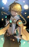  1boy aether_(genshin_impact) ahoge armor blonde_hair braid capelet duplicate earrings fireflies genshin_impact gloves hair_between_eyes highres jewelry long_hair looking_at_viewer midriff mito_itsuki navel night night_sky outdoors pants pixel-perfect_duplicate scarf single_earring sky solo yellow_eyes 