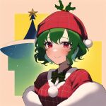  1girl christmas christmas_tree eating food gift hat highres holding holding_food kazami_yuuka merry_christmas non-web_source santa_hat smile touhou 