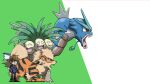  1boy animal_focus arcanine bag black_eyes black_pants blacknirrow blue_shirt bright_pupils brown_eyes brown_footwear brown_hair commentary english_commentary exeggutor fangs from_side full_body gary_oak green_background grin gyarados hand_in_pocket hand_up happy highres holding holding_poke_ball jewelry long_sleeves looking_to_the_side multiple_heads necklace open_mouth pants poke_ball poke_ball_(basic) pokemon pokemon_(creature) pokemon_(game) pokemon_rgby profile red_eyes shirt shoes short_hair shoulder_bag simple_background smile spiked_hair standing teeth two-tone_background v-shaped_eyebrows white_pupils 