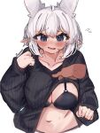 absurdres auraaa black_bra black_sweater blush bra breasts clothes_lift disembodied_limb highres large_breasts lorel_(auraaa) nervous_smile original owl_girl pointy_ears smile sweat sweater underwear white_hair 