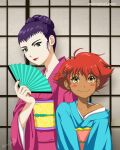  2girls alternate_costume blue_kimono blush_stickers cowboy_bebop dark-skinned_female dark_skin edward_wong_hau_pepelu_tivrusky_iv faye_valentine green_eyes japanese_clothes kimono lipstick makeup multiple_girls orange_hair paintpixel pink_kimono purple_hair smile 