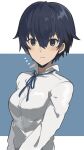  1girl alternate_costume bangs blue_eyes blue_hair blue_ribbon blush breasts closed_mouth collared_shirt hair_between_eyes highres kulea1020 long_sleeves looking_at_viewer medium_breasts neck_ribbon persona persona_4 ribbon shirogane_naoto shirt simple_background smile solo white_shirt 