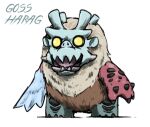  animal_focus blacknirrow blank_eyes character_name chibi claws commentary english_commentary english_text full_body fur_collar goss_harag monster_hunter_(series) monster_hunter_rise no_humans open_mouth sharp_teeth simple_background solo standing teeth tusks white_background yellow_eyes 