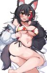 absurdres auraaa black_hair breasts collar highres hololive hood hoodie large_breasts midriff ookami_mio shiny shiny_skin sweat swimsuit thighs wolf_girl 