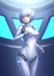  1girl absurdres blue_eyes blue_hair breasts cyborg grey_hair headgear highres kusunotaiboku mecha_musume mechanization medium_breasts open_mouth original short_hair 