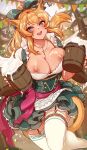  1girl :d alcohol animal_ears avatar_(ff14) beer beer_mug blonde_hair blush bow breasts buttons cat_ears cat_girl cat_tail cleavage collarbone cup day dirndl double-breasted dress final_fantasy final_fantasy_xiv frills german_clothes green_bow hair_bow highres holding holding_cup jewelry kaiyoko_star large_breasts long_hair looking_at_viewer merunyaa miqo&#039;te mole mole_under_eye mug necklace nipples open_mouth outdoors smile solo tail thighhighs white_thighhighs 