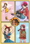  2girls absurdres boots border bow bow_hairband braid brown_hair commentary green_shirt hair_bow hairband hat highres holding holding_pokemon jacket juliana_(pokemon) kneehighs koung_(looofa) mouth_hold multiple_girls multiple_views nemona_(pokemon) open_clothes open_jacket pantyhose pink_headwear pink_mittens pleated_skirt pokemon pokemon_(creature) pokemon_(game) pokemon_sv red_hairband red_jacket ribbed_socks sailor_collar shirt short_sleeves shorts skirt socks sprigatito standing standing_on_one_leg star_(symbol) tam_o&#039;_shanter torn_clothes torn_pantyhose watch wristwatch yellow_border 