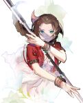  1girl aerith_gainsborough bangle bangs bracelet braid braided_ponytail breasts brown_hair cleavage cofffee cropped_jacket dress fighting_stance final_fantasy final_fantasy_vii final_fantasy_vii_remake floral_background green_eyes hair_ribbon holding holding_staff jacket jewelry long_hair looking_at_viewer materia medium_breasts necklace parted_bangs pink_dress pink_ribbon red_jacket ribbon short_sleeves sidelocks smile solo staff upper_body white_background 