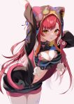  absurdres akarionaka animal_ears arm_up blush breasts cat_ears cat_girl cat_tail cleavage collar commentary_request highres hood hoodie long_hair looking_at_viewer medium_breasts nekota_tsuna red_hair simple_background tail virtual_youtuber vspo! white_background yellow_eyes 