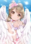  1girl angel angel_wings blush bokutachi_wa_hitotsu_no_hikari brown_eyes brown_hair closed_mouth feathered_wings fingernails flower hair_flower hair_ornament highres long_hair looking_at_viewer love_live! love_live!_school_idol_project minami_kotori official_alternate_costume one_side_up panda_copt single_hair_ring sleeveless smile solo white_wings wings 