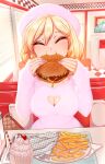  1girl ^_^ bag blonde_hair breasts burger cleavage cleavage_cutout closed_eyes clothing_cutout earrings eating food french_fries handbag hat heart_cutout highres indoors jewelry merunyaa milkshake original pink_nails pov_across_table sammy_(bestsammy) short_hair sitting sleeves_past_wrists solo 