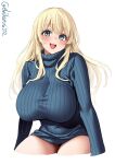  1girl atago_(kancolle) bangs blonde_hair blue_eyes blue_sweater blush breasts covered_navel cropped_legs ebifurya highres kantai_collection long_sleeves looking_at_viewer no_pants one-hour_drawing_challenge open_mouth raised_eyebrows ribbed_sweater simple_background smile solo sweater teeth thighs tongue turtleneck turtleneck_sweater twitter_username upper_teeth white_background 