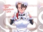  1girl ;p akirannu apron black_dress black_hair bow breasts collared_dress copyright_request dress frilled_apron frills glasses gradient_hair half-closed_eye hands_up hat highres large_breasts long_hair long_sleeves maid maid_apron mob_cap mole mole_under_mouth multicolored_hair official_art one_eye_closed red_eyes red_hair round_eyewear solo tentacles tongue tongue_out translation_request white_apron white_bow white_headwear window 