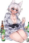  absurdres alcohol auraaa blush breasts cleavage highres large_breasts lorel_(auraaa) original owl_girl robe shiny shiny_skin sweat thighs white_hair 