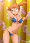  1girl arm_behind_head arm_up artist_name bangs bare_shoulders blush breasts closed_mouth collarbone commentary_request green_eyes hand_up highres lingerie looking_at_viewer medium_breasts misty_(pokemon) navel orange_hair paid_reward_available pokemon pokemon_(anime) ponytail shiny shiny_hair shiny_skin short_hair side_ponytail simple_background smile stomach thighs underwear zel-sama 