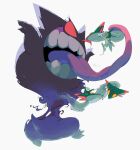  0_ici_0 dreepy gengar highres long_tongue no_humans open_mouth outstretched_arms pokemon pokemon_(creature) simple_background teeth tongue twitter_username watermark white_background 