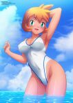  1girl absurdres arm_behind_head arm_up armpits bangs blue_sky blush breasts cleavage cloud cloudy_sky collarbone commentary covered_navel covered_nipples day green_eyes hand_up highleg highleg_swimsuit highres looking_at_viewer medium_breasts misty_(pokemon) ocean one-piece_swimsuit open_mouth orange_hair outdoors paid_reward_available partially_submerged pokemon pokemon_(anime) pokemon_(game) pokemon_hgss shiny shiny_skin short_hair simple_background sky smile sweat sweatdrop swimsuit thighs water zel-sama 