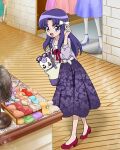  1girl bag bangs belt bow floral_print gurasan_(happinesscharge_precure!) hair_bow happinesscharge_precure! highres hikawa_iona long_hair long_skirt mirror official_art parted_bangs precure precure_connection_puzzlun purple_eyes purple_hair purple_skirt red_footwear shop shoulder_bag skirt smile solo third-party_source 