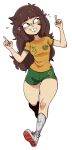  1girl 2022_fifa_world_cup absurdres australia blush breasts brown_hair closed_mouth full_body highres index_finger_raised medium_breasts nuclear_wasabi original running shirt shorts simple_background soccer soccer_uniform socks solo sportswear tottie_(gats) white_background world_cup 