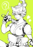  1girl ? absurdres bow breasts fingerless_gloves gloves green_background green_eyes greyscale_with_colored_background hair_bow highres holding holding_weapon kiriko_(overwatch) kunai looking_at_viewer medium_breasts monochrome overwatch overwatch_2 short_hair solo spoken_question_mark weapon yotsumi_shiro 