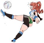  1girl 2022_fifa_world_cup absurdres accidental_exposure al_rihla argentina ass ball braces bracket breasts cosmica_(nuclear_wasabi) flying_sweatdrops full_body green_panties highres kicking large_breasts nuclear_wasabi open_mouth original panties red_hair shirt shorts simple_background soccer soccer_ball soccer_uniform socks solo sportswear sweat tearing_up tongue underwear white_background world_cup 