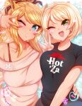  2girls :d ;o animal_ears artist_name bangs black_shirt blonde_hair blush breasts brown_eyes brown_sweater collarbone cowboy_shot earrings green_eyes hand_up heart jewelry large_breasts merunyaa multiple_girls one_eye_closed open_mouth original ponytail shiny shiny_hair shirt short_sleeves single_bare_shoulder smile sweater v 