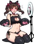  1girl animal_ears bangs bare_shoulders black_choker black_panties blushyspicy breasts brown_eyes brown_hair cat_ears choker cleavage collarbone commentary d.va_(overwatch) d: facial_mark highres large_breasts long_hair looking_at_viewer navel open_mouth overwatch panties seiza sitting solo stomach twintails underwear 