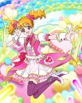  1girl balloon bangs belt blonde_hair choker corset hair_ornament heart heart_balloon heart_hair_ornament highres idol momozono_love official_art open_mouth pink_choker pink_eyes precure precure_connection_puzzlun short_sleeves short_twintails smile solo thighhighs third-party_source twintails white_footwear wrist_cuffs 