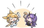  2girls ^_^ animal_ears arknights arm_up bare_shoulders bead_bracelet beads black_dress blonde_hair bracelet breasts china_dress chinese_clothes cleavage_cutout closed_eyes clothing_cutout demon_horns dress extra_ears hand_fan hand_up holding holding_fan horns jewelry jitome kroos_(arknights) kroos_the_keen_glint_(along_the_corridor)_(arknights) kroos_the_keen_glint_(arknights) large_breasts lava_(arknights) lava_the_purgatory_(arknights) lava_the_purgatory_(dusk_wisteria)_(arknights) long_hair long_sleeves mabing multicolored_hair multiple_girls official_alternate_costume pointy_ears purple_eyes purple_hair rabbit_ears rabbit_girl shoulder_cutout smile streaked_hair upper_body white_dress 