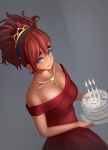  1girl absurdres alternate_hairstyle aqua_eyes bare_shoulders birthday black_hairband breasts cake candle cleavage commentary_request dress dutch_angle english_text fire flame food grey_background gundam gundam_suisei_no_majo hair_between_eyes hairband happy_birthday highres jewelry looking_at_viewer medium_breasts necklace red_dress red_hair shorts slothdev_(yat1215) smile solo strapless strapless_dress suletta_mercury thick_eyebrows tiara white_shorts 