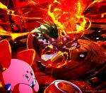  boar_mask coat feather_trim fire fur-trimmed_coat fur_trim hachimaki hammer_kirby headband highres holding holding_mallet king_dedede kirby kirby_(series) kirby_and_the_forgotten_land mallet masked_dedede mittens taharu_(papiyas) twitter_username upside-down 