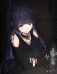  1girl aqua_eyes arm_on_table bangs bare_shoulders black_dress black_hair blunt_bangs bocchi_the_rock! bottle chin_piercing choker ci4 colored_inner_hair dress ear_piercing gothic hand_on_arm highres hime_cut long_hair long_sleeves looking_at_viewer multicolored_hair pa-san piercing sitting smile table very_long_hair water_bottle 