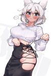  1girl absurdres auraaa blush breasts glasses highres large_breasts lorel_(auraaa) nervous open_clothes original owl_girl pointy_ears pout round_eyewear solo sweater thighs white_hair white_sweater 