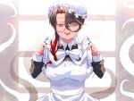 1girl ;p akirannu apron black_dress black_hair bow breasts collared_dress commentary_request copyright_request dress frilled_apron frills glasses gradient_hair half-closed_eye hands_up hat highres large_breasts long_hair long_sleeves maid maid_apron mob_cap mole mole_under_mouth multicolored_hair official_art one_eye_closed red_eyes red_hair round_eyewear solo tentacles tongue tongue_out white_apron white_bow white_headwear window 