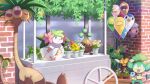  absurdres alolan_exeggutor amenametaro balloon bonsly brick_wall character_print combee commentary_request day drifloon flower highres holding maractus outdoors pansage plant pokemon pokemon_(creature) potted_plant shaymin shaymin_(land) wheel white_flower 
