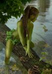  1girl afloat_leaves akreon branch colored_skin dryad fantasy green_skin gwent_(game) highres leaf looking_down mushroom river sitting the_witcher_(series) tree water watermark 