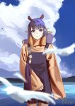  1girl bird blue_sky cloud cumulonimbus_cloud dress grey_eyes highres hololive hololive_english long_hair looking_at_viewer ninomae_ina&#039;nis outdoors pointy_ears purple_hair sky skyline solo sweater takodachi_(ninomae_ina&#039;nis) takomonty tentacle_hair water 