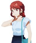  1girl absurdres anime_screencap bag cat_earrings copyright_request earrings highres hoshino_anzu jewelry red_eyes red_hair romantic_killer shirt shoulder_bag stitched transparent_background white_shirt 