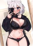  absurdres auraaa black_bra black_hoodie black_panties blush bow bow_panties bra breasts cellphone clothes_lift highres hood hoodie iphone large_breasts lorel_(auraaa) mirror original owl_girl panties phone selfie shiny shiny_skin smartphone sweat taking_picture underwear white_hair 