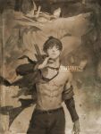  1boy abs art_of_neight bangs black_necktie chainsaw_man floating_necktie fox_devil_(chainsaw_man) fox_shadow_puppet hayakawa_aki highres looking_at_viewer monochrome muscular necktie one_eye_closed open_clothes sepia short_hair simple_background topknot torn_clothes 