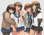  4girls artist_logo artist_name bangs black_hair black_sailor_collar black_skirt blue_eyes blue_sailor_collar blue_skirt blunt_bangs brown_cardigan brown_eyes brown_hair cardigan ergot fingernails fubuki_(kancolle) fubuki_kai_ni_(kancolle) green_eyes hatsuyuki_(kancolle) highres kantai_collection layered_sleeves long_hair long_sleeves miyuki_(kancolle) multiple_girls pleated_skirt sailor_collar school_uniform serafuku shirayuki_(kancolle) short_hair short_over_long_sleeves short_ponytail short_sleeves short_twintails skirt twintails 