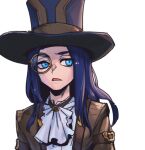  1boy alternate_costume ascot bangs blue_headwear brown_jacket caitlyn_(league_of_legends) genderswap genderswap_(mtf) green_eyes hat jacket league_of_legends long_hair monocle open_clothes open_jacket open_mouth phantom_ix_row shiny shiny_hair simple_background solo top_hat upper_body white_ascot white_background 