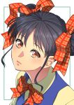  1girl aduti_momoyama bangs black_hair blue_vest bow bowtie buttons closed_mouth collared_shirt double_bun doukyuusei doukyuusei_2 eyelashes hair_between_eyes hair_bun hair_ribbon highres looking_at_viewer narusawa_yui orange_eyes pink_lips red_bow red_bowtie red_ribbon ribbon shirt solo upper_body vest yellow_shirt 