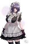  1girl :o alternate_costume apron black_dress black_gloves black_thighhighs blush breasts cowboy_shot dress enmaided gloves hair_over_one_eye highres kantai_collection large_breasts looking_at_viewer maid maid_apron maid_headdress mizoredama1 puffy_short_sleeves puffy_sleeves purple_hair short_hair short_sleeves signature solo tenryuu_(kancolle) thighhighs white_background yellow_eyes 